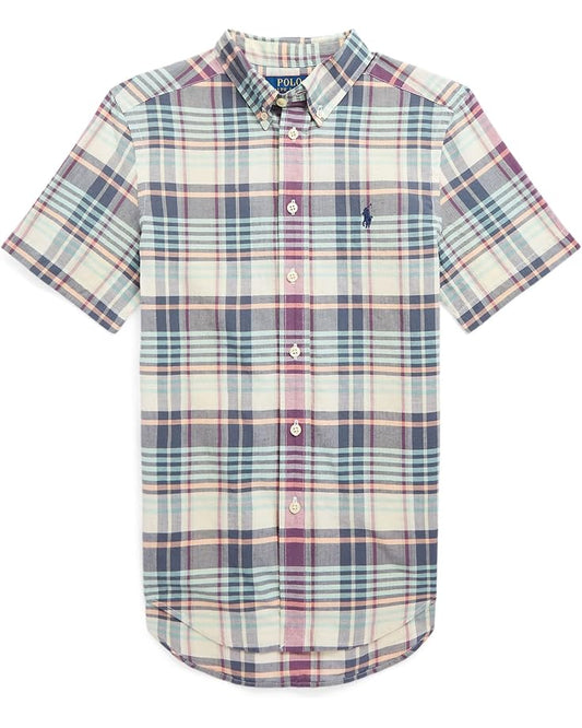  Polo Ralph Lauren Kids Indigo Cotton Madras Short Sleeve Shirt (Big Kids)